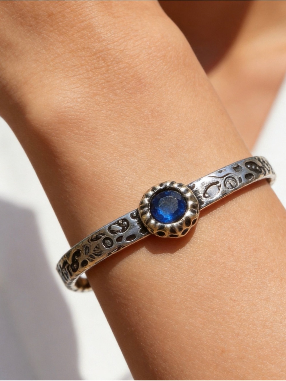 Sterling Silver Floral Cuff Bracelet with Blue Stone